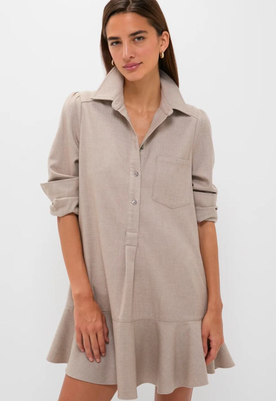 NEW TUCKERNUCK Taupe Brushed Wool Callahan Mini Shirt Dress XS Long Sleeve Fall